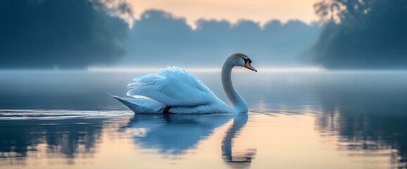 Serene swan gliding on misty lake at sunrise; peaceful nature scene