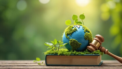 Gavel and earth planet with moss lie on book, against green bokeh. Concept for eco, environmental law, nature protection, justice, climate regulation, sustainability.