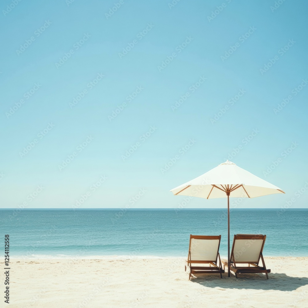 Poster relaxing beach setting with lounge chairs and an umbrella under a clear blue sky. generative ai