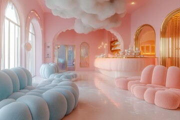 Exploring a cozy cloud-themed interior design space whimsical pastel environment for relaxation