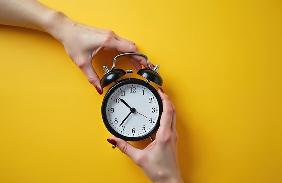 Black alarm clock with female hands on yellow background. Daylight saving time end concept. Changing clock for autumn season, turning time backward in october.