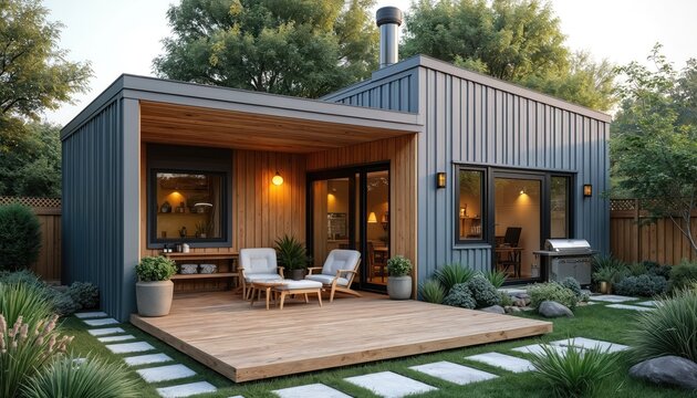 Exterior view of Accessory Dwelling Unit. Small house with wooden deck, garden, lawn. Concept tiny home, backyard cottage, granny flat, converted garage with furniture.