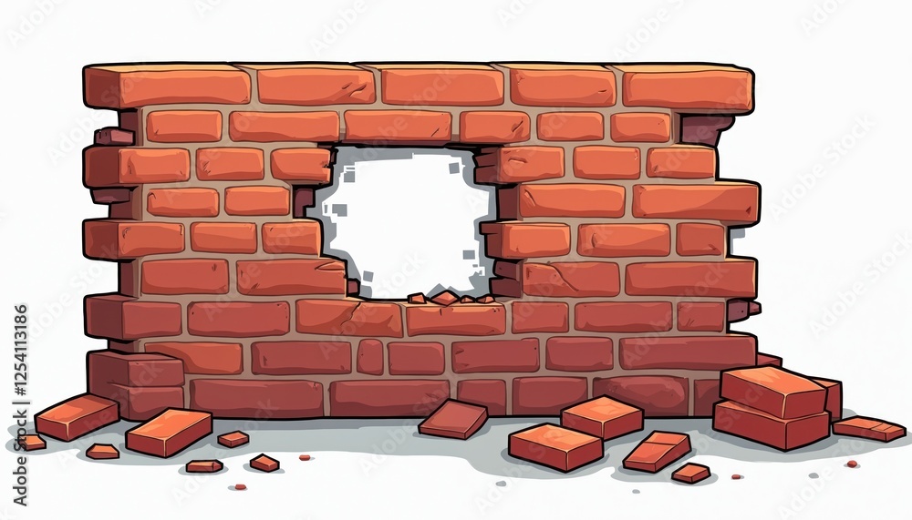 Aufkleber Cartoon illustration of brick wall with missing bricks creating hole. Grunge fractured texture. Old damaged stone building framework. Urban industrial architecture, design element for game background.