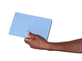 Man holding a blue book or a notebook on white ot transparent background