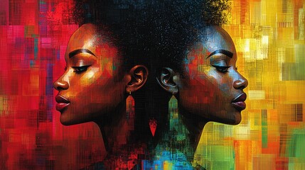 A vibrant portrait of two women in profile, emphasizing beauty and cultural identity.