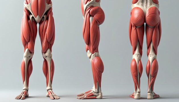 Human leg muscle anatomy with front, side, rear views. Detailed anatomical illustration displays muscles, bones structure. Medical, biological educational content for healthcare, sport science