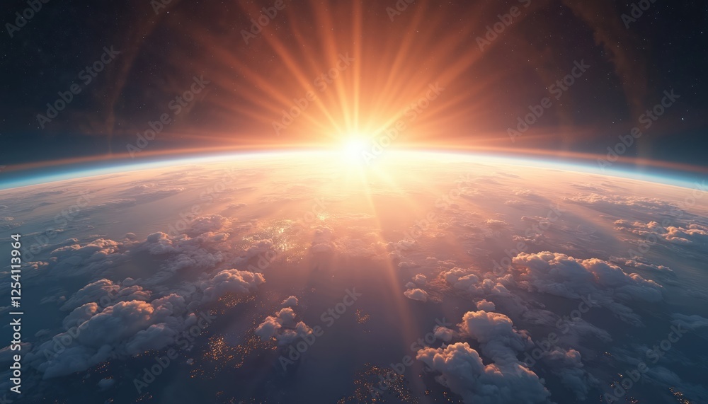 Poster panoramic view on planet earth globe from space. glowing city lights, clouds. fantasy universe satel