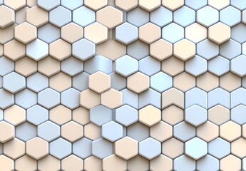 Naklejka premium An abstract digital art piece showcasing cracked blue and beige hexagonal tiles on a light beige background