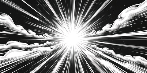 Dynamic manga anime style illustration with speed lines action. Comic style. Visual excitement, motion and movement. Radial lines with clouds. Black and white drawing.