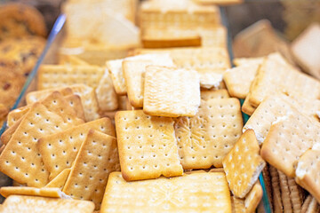 crispy salty and sweet cookies crackers in a bakery