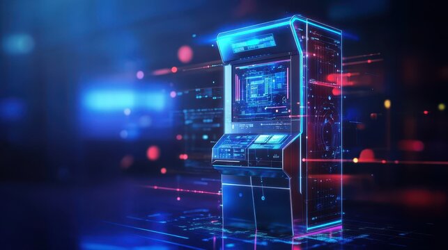 Financial Technology A futuristic ATM machine with a digital interface for easy, quick financial transactions, symbolizing the evolution of fintech services.