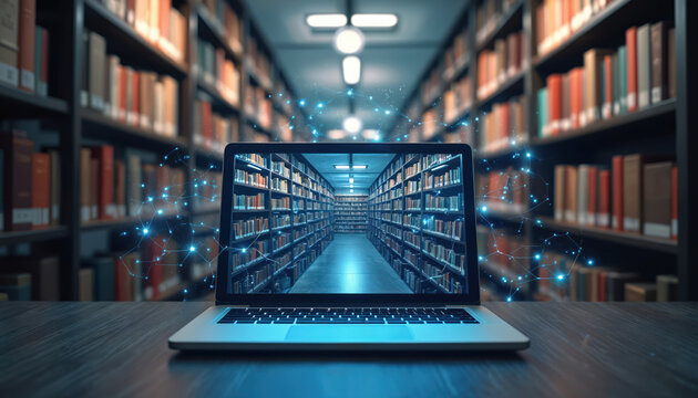 E-library on laptop screen displays online learning. Digital books on bookshelves for education, knowledge. Concept of E-Learning, digital resources and information access. Technology background.