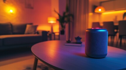 Voice Technology A smart speaker sitting on a living room table, with a glowing light and a voice recognition interface, demonstrating the power of voice-activated technology.