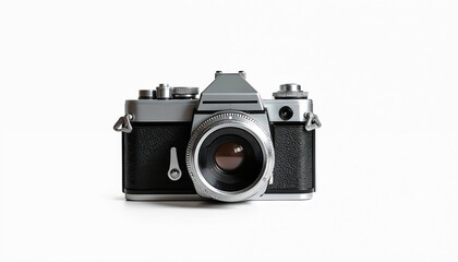 Fototapeta premium Vintage black metal photo camera isolated on white background. Classic photographic equipment, retro style. Old-fashioned twin lens reflex camera. Antique technology, analog photography concept.