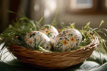 Hand-painted Easter eggs in basket with grass and sunlight