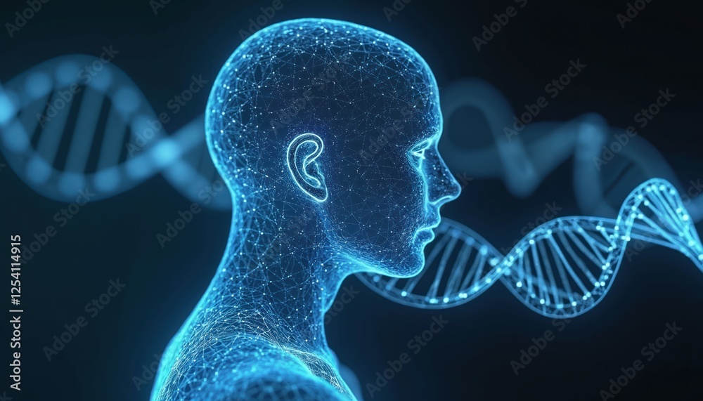 Poster Digital rendering of human figure intertwined with glowing DNA strand. Human code, science, tech concept. Genetic biology research, innovation, discovery, evolution and life connection.