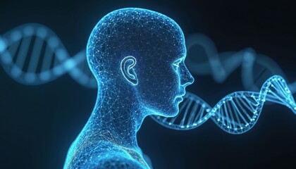 Digital rendering of human figure intertwined with glowing DNA strand. Human code, science, tech concept. Genetic biology research, innovation, discovery, evolution and life connection.