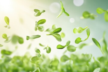 Floating Green Leaves Against Soft Background with Gentle Sunlight