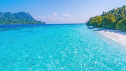 Fototapeta premium Tropical island beach, turquoise water, aerial view, holiday background