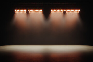 Center Stage: Dramatic spotlights illuminate an empty stage, casting beams of warm light through a haze of smoke, creating an ethereal and expectant atmosphere. 