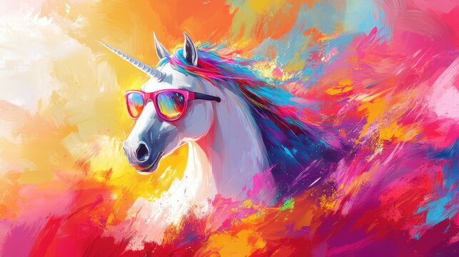 A vibrant unicorn wearing sunglasses against a colorful abstract background.