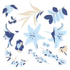 Vector illustration of hand-drawn flowewrs, lilies and leaves isolated on a white background. Elegant vector floral elements perfect for botanical designs, wedding invitations, textiles, and seasonal 