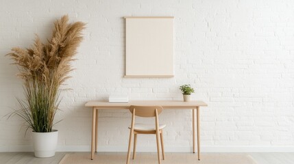 Modern Workspace Decor, White Brick Wall, Wooden Desk, Minimalist Design, Home Office