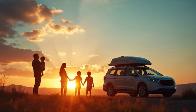 Happy family with kids travel by car, watch sunset on nature. Parents, children silhouettes near vehicle. Family auto journey, road trip vacation holiday concept.