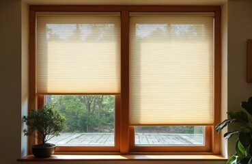 Beige pleated blinds on window with house plants. Modern roller shade system provides light control, privacy for cozy home interior. Sunlight protection for comfort living.