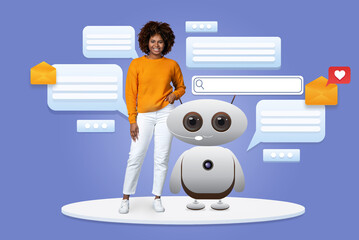 A woman in an orange sweater stands next to a friendly robot on a light blue background.
