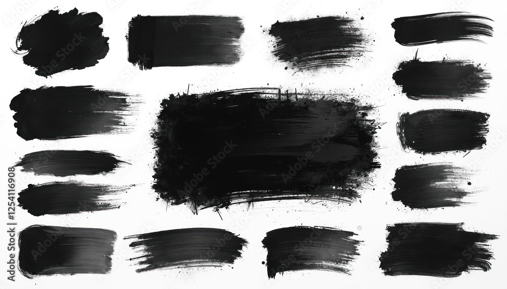 Poster Grunge design elements with black ink brush strokes and splatters. Artistic brushstroke collection for modern text boxes. Dirty texture effect isolated on white background. Paint smear set.