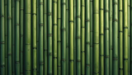 Obraz premium Green bamboo fence illustration. Vertical stalks showcase natural texture. Realistic environmental backdrops, asian design banners. Close-up natural pattern. Wooden wall for oriental garden.