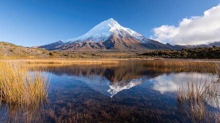 Majestic snow-capped volcano reflected in calm lake