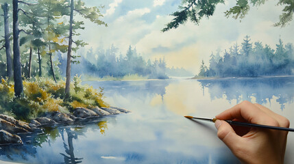 A teacher demonstrates a step-by-step process for creating a landscape painting with watercolor, focusing on layering and color mixing for a realistic effect.