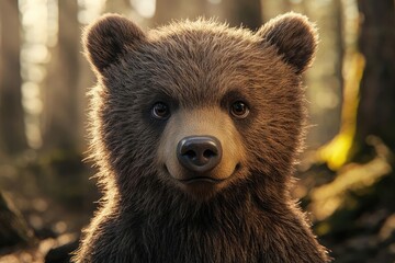 Fototapeta premium Close-Up Portrait of a Wild Brown Bear Cub in Natural Habitat