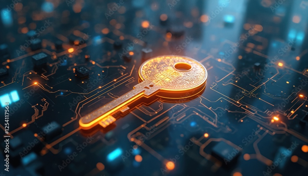 Poster futuristic glowing golden digital key unlocking future. high tech environment, innovative security s