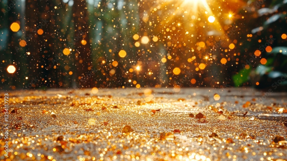 Poster gold-colored digital particles creating a wave flow in an abstract technology setting