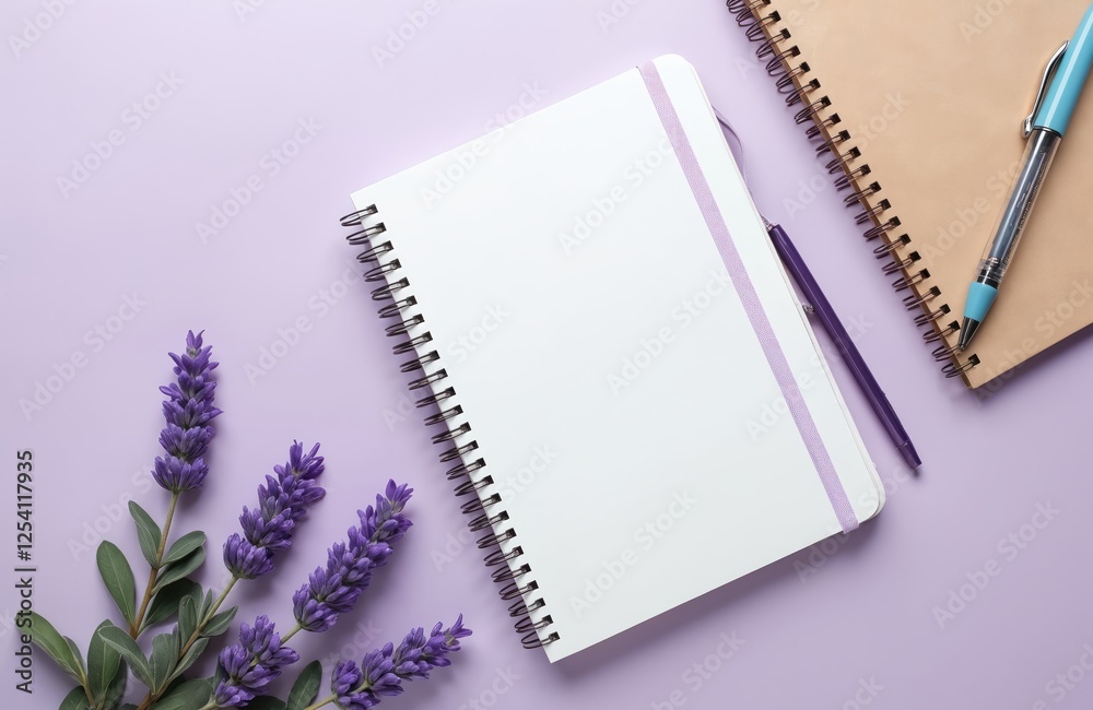 Poster open blank notepad journal with pen lies on gentle lavender background, another notebook and lavende