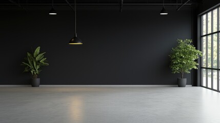 Modern Empty Black Office Space with Plants