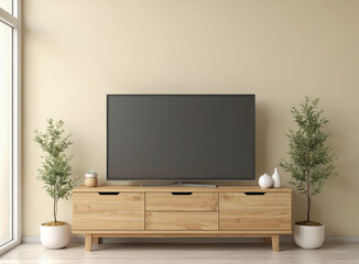 Modern interior design. TV cabinet on cream wall background. 3d rendering illustration showcases living room decor, furniture, plants, wooden floor. Empty space for TV screen mock up.