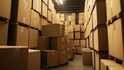 Warehouse Inventory: Rows of Cardboard Boxes in a dimly lit warehouse storage facility.