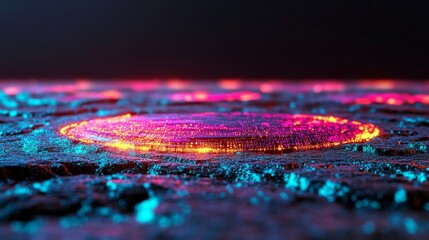 Fototapeta premium Cyber or technology-themed backdrop with a dynamic wave pattern and shining, blurred particles