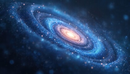 Cosmic blue galaxy with sparkling stars, ethereal light in deep space. Swirling universe nebula astronomy particles shimmer. Celestial night glow abstract background.