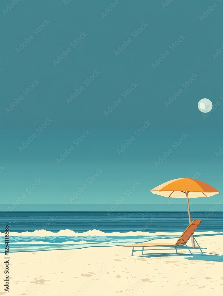 Aufkleber relaxing beach setting with a lounge chair and umbrella under a clear blue sky and calm ocean waves.