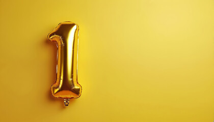 Golden balloon number one on bright yellow background. Anniversary celebration. Banner with number 1 for birthday party. Business glossy signs, festive holiday decoration, layout.