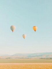 Hot air balloons gracefully ascend over a golden field during a serene morning sky. Generative AI