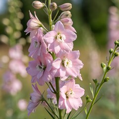 Fototapeta premium Close-up of Pink Larkspur Flowers in a Summer Garden