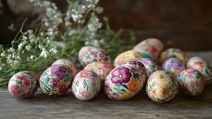 Vibrant Easter eggs with floral patterns on wooden table