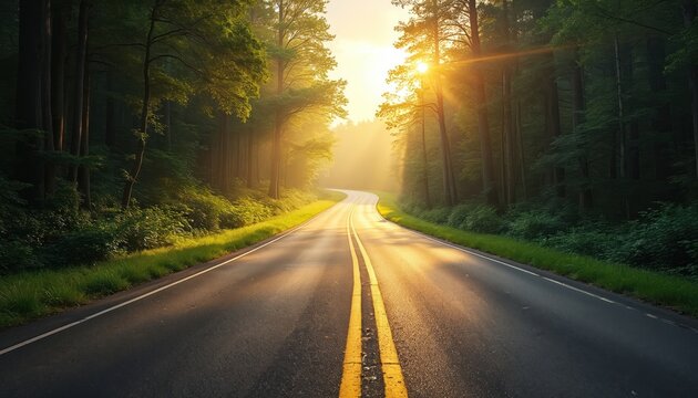Winding road disappears into forested landscape on sunny day. It Symbolizes journey toward goals, adventure. Large text space for inspirational quote, motivational message or creative advertisement.