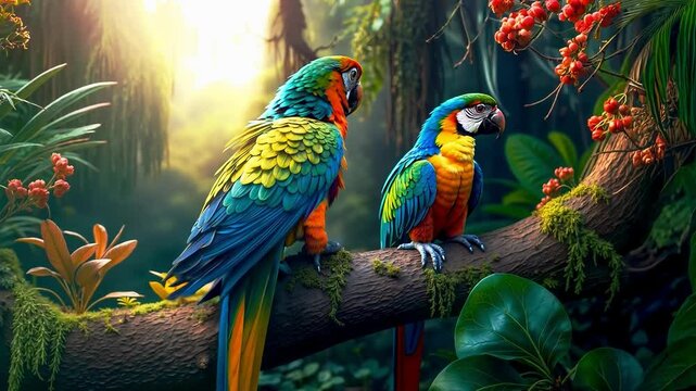 Two parrots sitting on a branch in the jungle